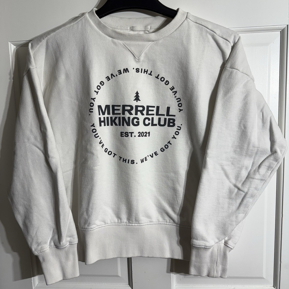 Merrell‎ Cropped Crewneck Sweatshirt WMS SMALL White Hiking Club Graphic